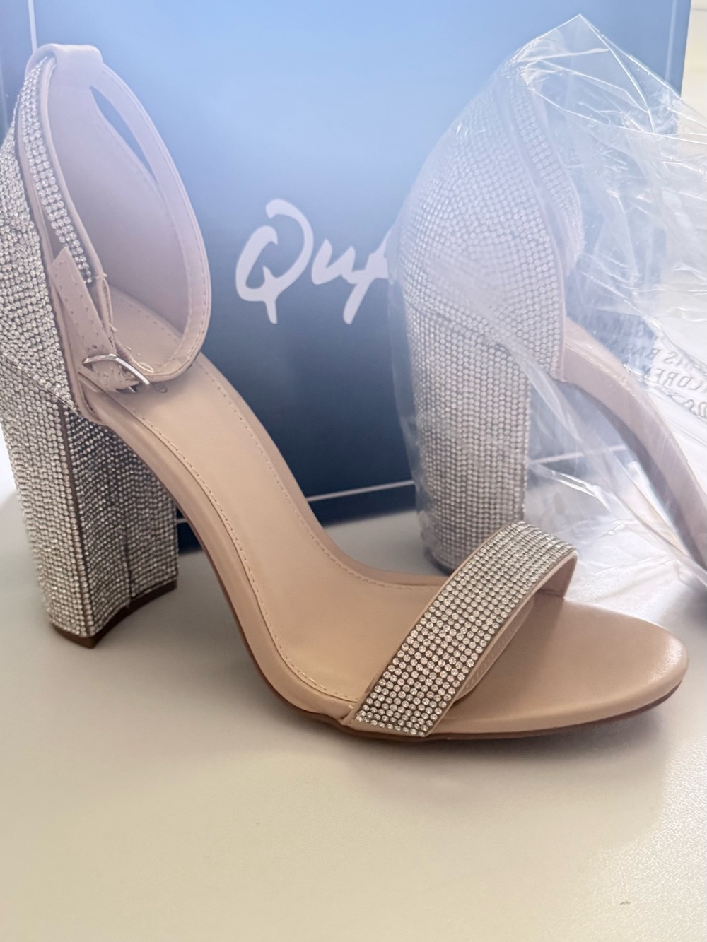 Embellished Gold Sparkle  Ankle-Strap Beige Block Heel Sandal
